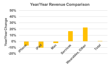 Apple Q2 FY20 segment revenue Y-Y comparison