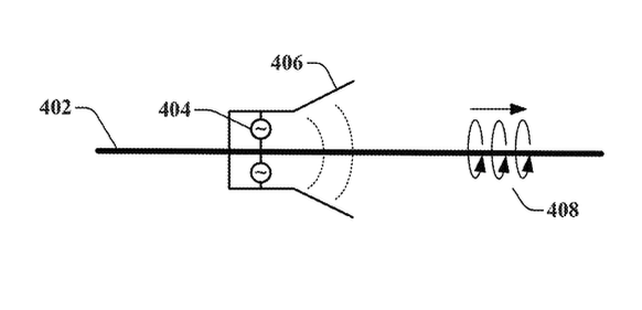 Repeater with MMICs (404) and antenna (406) mounted on the power line (402), from AT&T patent 9,154,966.