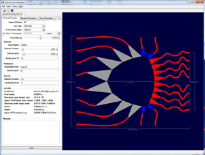 Figure 16: A Rotman Lens device suitable for use as the front end of the array is shown in Remcom’s RLD software.