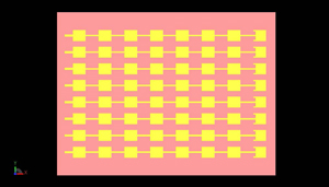 Figure 5: Shown is a CAD representation of the combination of eight of the 1x8 elements into an array. The elements are spaced 5.352 mm apart, center to center.